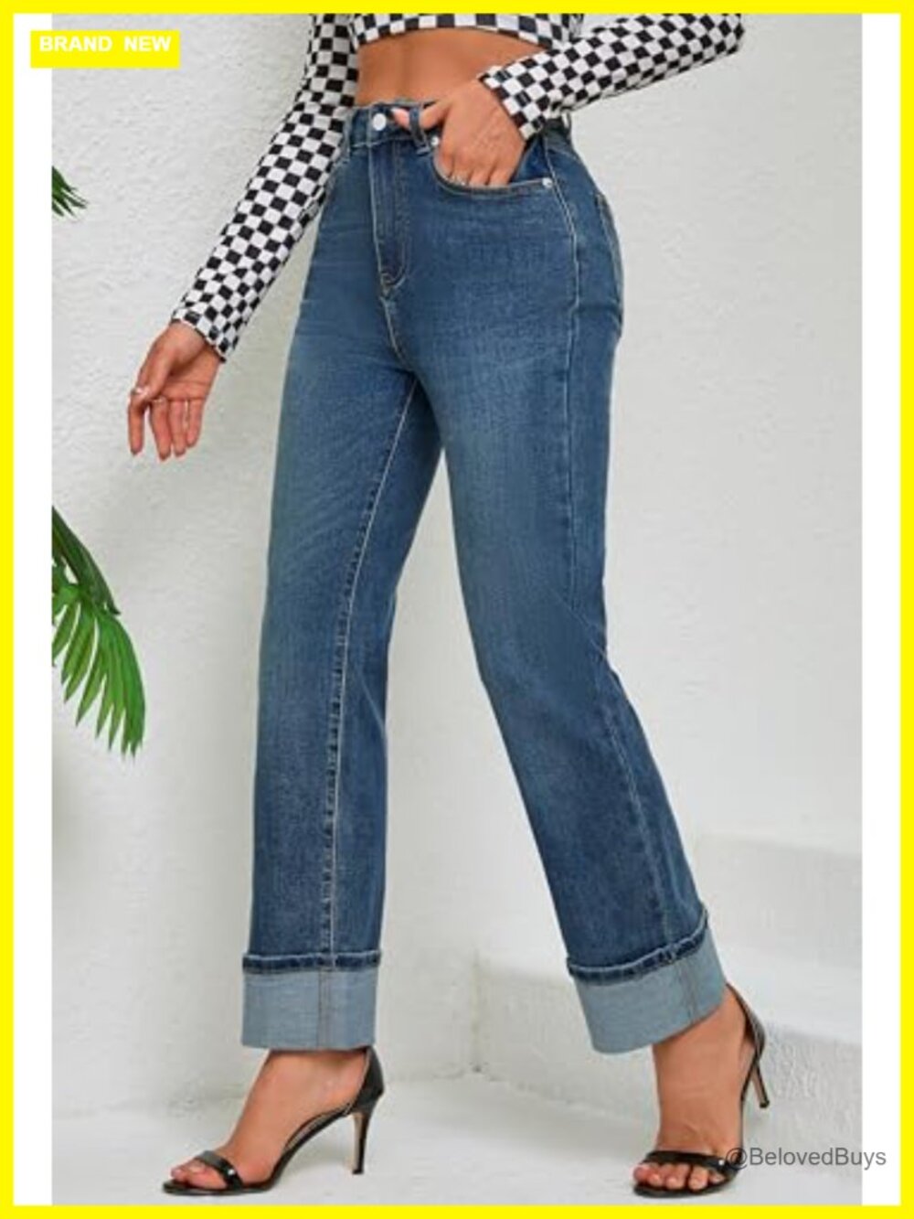 High Waisted Stretchy Straight Leg Jeans Tummy Control Cuffed Ankle Hem - Picture 3 of 6